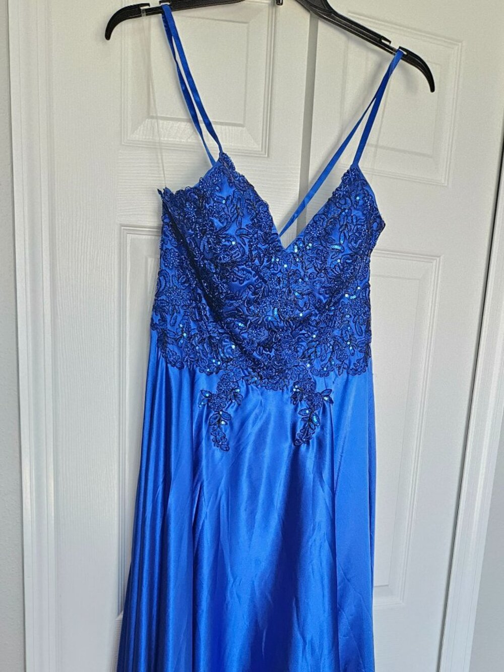 Full-Length Royal Blue V-Neck Satin Dress with straps, lace-up back (Stacees)